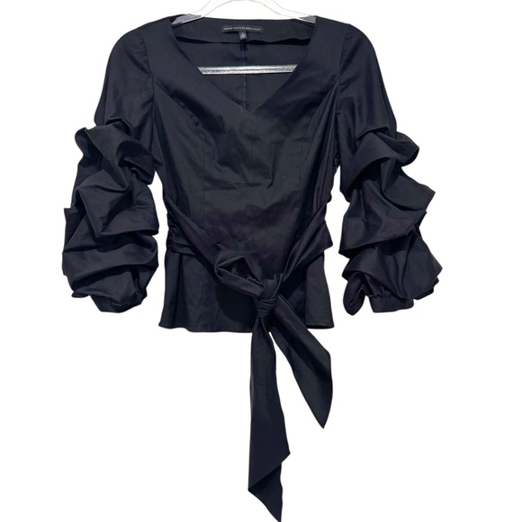 WHBM Ruffle Sleeve Black Blouse Waist Tie Size 2 - Picture 2 of 10